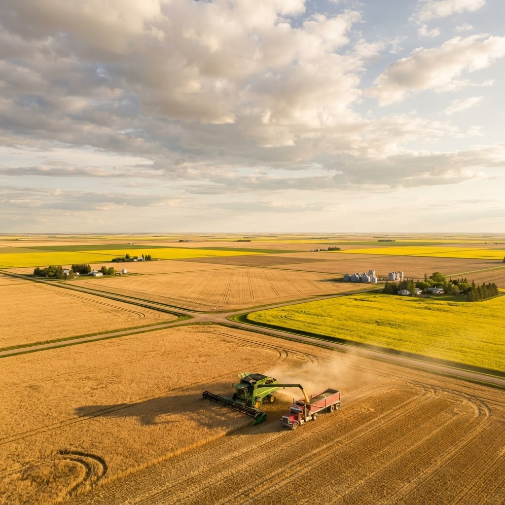 Aerial view of vast Saskatchewan prairie farmland with a combine harvesting golden fields under a big sky